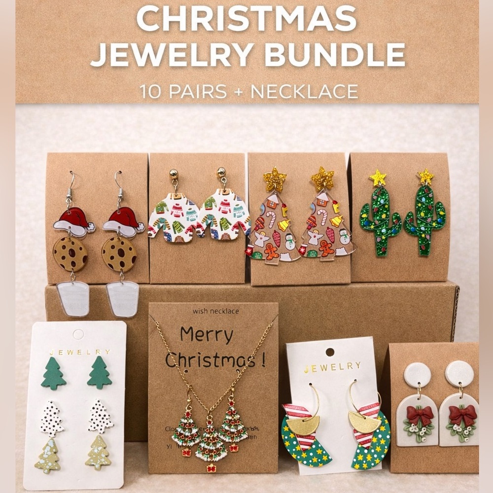 Christmas Jewelry Bundle 10 Pairs Earrings + Christmas Tree Necklace Holiday